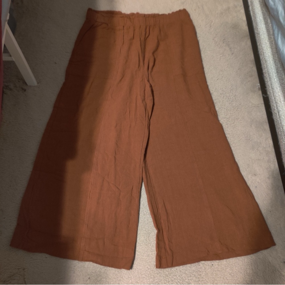 Rusty Brown Wide-Leg Pants Linen Blend Pull On Paperbag Waist